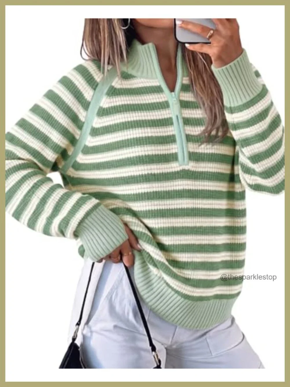Half Zip Striped Ribbed Knit Pullover Sweater Mock Neck Long Sleeve